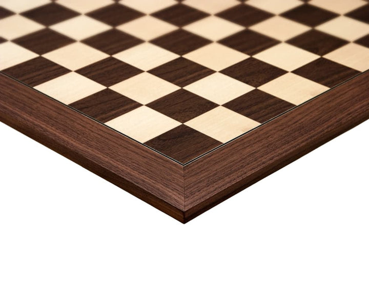 Close-up of 23.6-inch Montgoy Palisander and Maple Deluxe Chess Board with 2.36-inch playing squares, crafted in Spain.