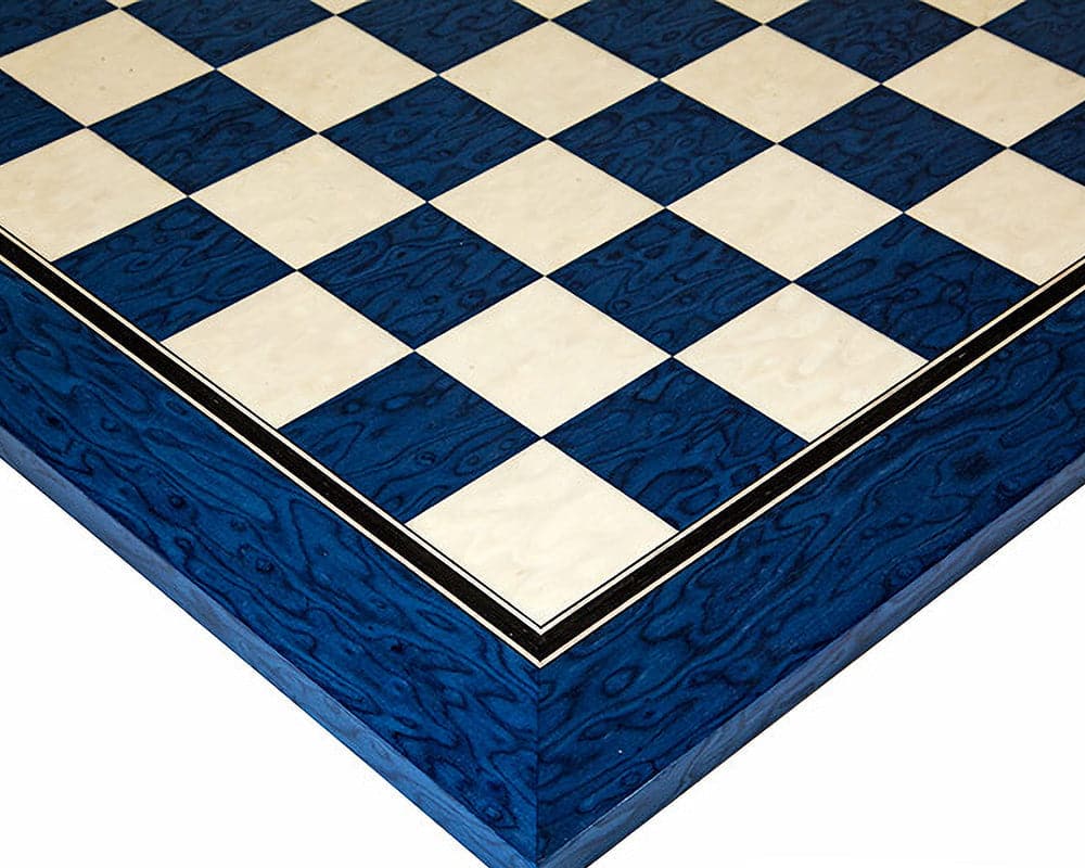 Lacquered blue erable and maple deluxe chess board with high gloss finish, featuring 1.9 inch squares ideal for 3.25 inch king height pieces