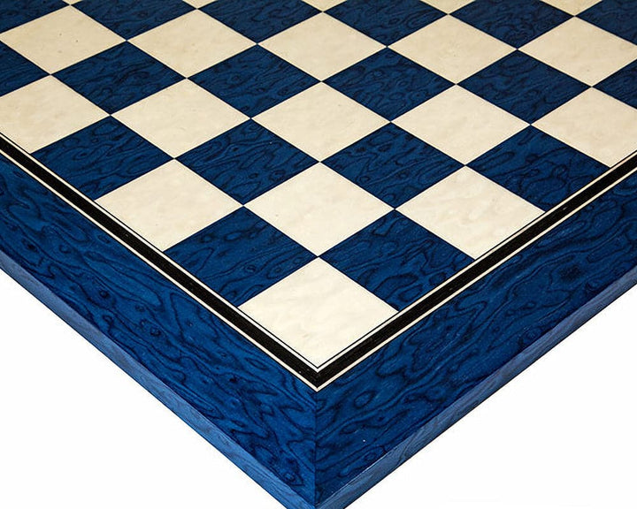 Lacquered blue erable and maple deluxe chess board with high gloss finish, featuring 1.9 inch squares ideal for 3.25 inch king height pieces