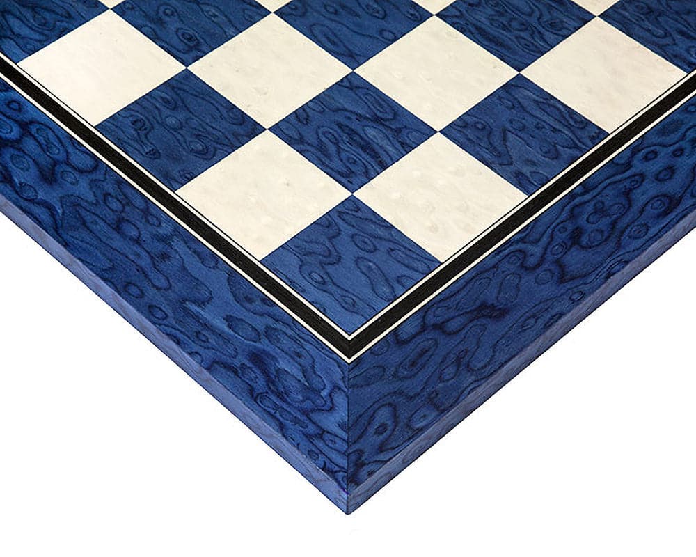 Close-up of a 19.7 inch satin blue erable and maple deluxe chess board with 2 inch playing squares, featuring exquisite blue stained wood veneer.