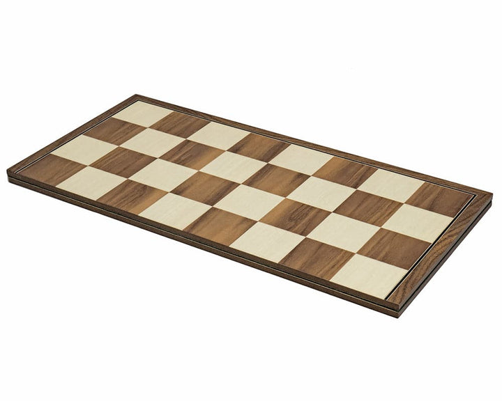 16.75 inch folding walnut chess board crafted in Spain from walnut and maple wood, with a luxurious billiard cloth base and ebonised border