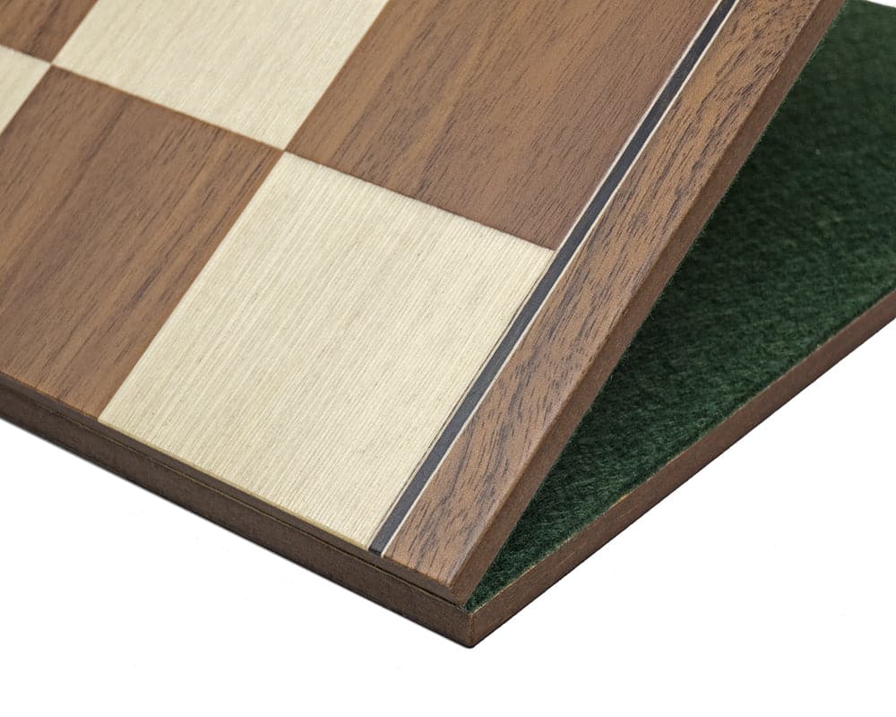 16.75 inch folding walnut and maple chess board with green billiard cloth base displaying open hinge detail for easy storage