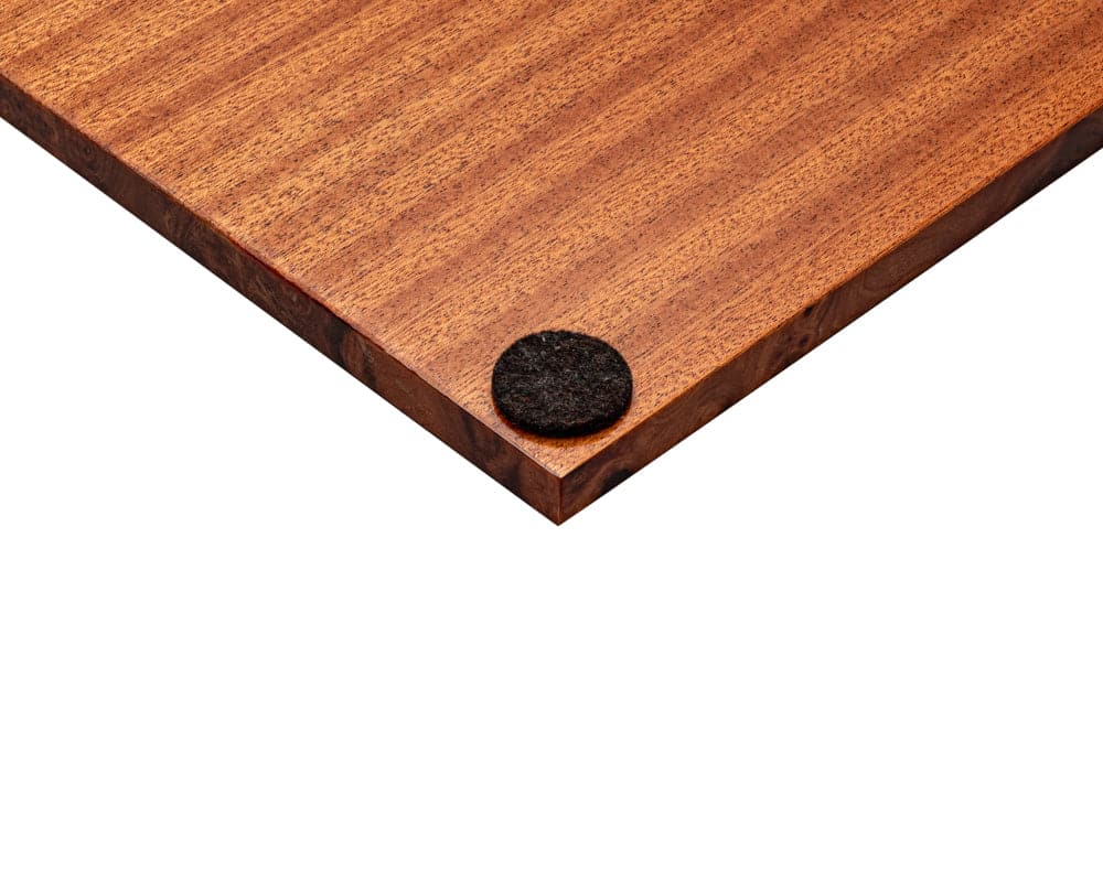 Close-up of a 21.25 inch Mastellone Giuseppe Elm Wood Inlaid Board corner with a felt pad for surface protection