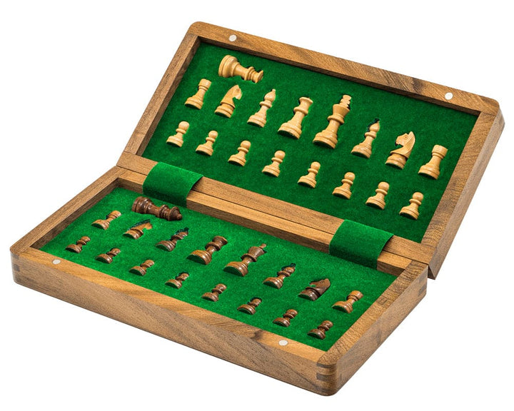 Deluxe hardwood 10 inch folding magnetic chess set with Staunton-style wooden chessmen and felt-lined storage. Portable and luxury travel chess board.