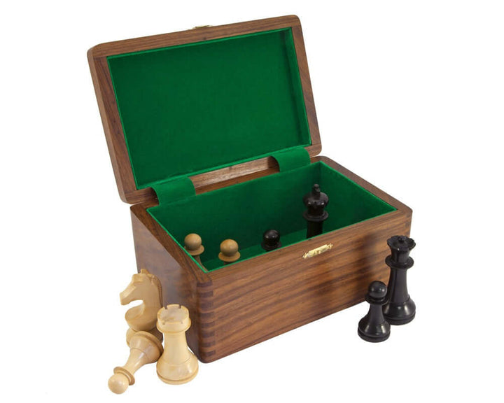 Polished solid wood chess case with hinged lid and green flocked interior, holding chess pieces up to 3.75 inches in height