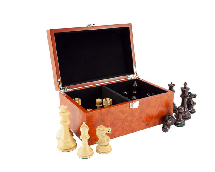 Rootwood Veneer Chess Piece Case with Hinged Lid and Plush Compartments