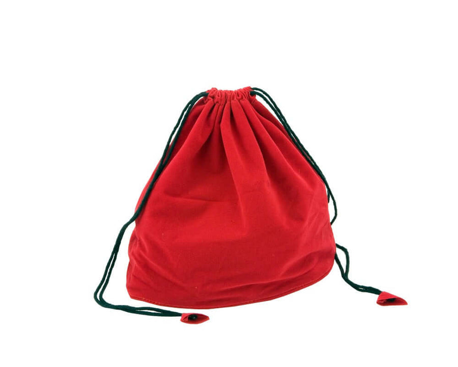 Red drawstring chess piece bag with color-coordinated tassels and stiffened base for added protection.