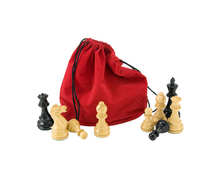 Red drawstring chess piece bag with black and white chess pieces.