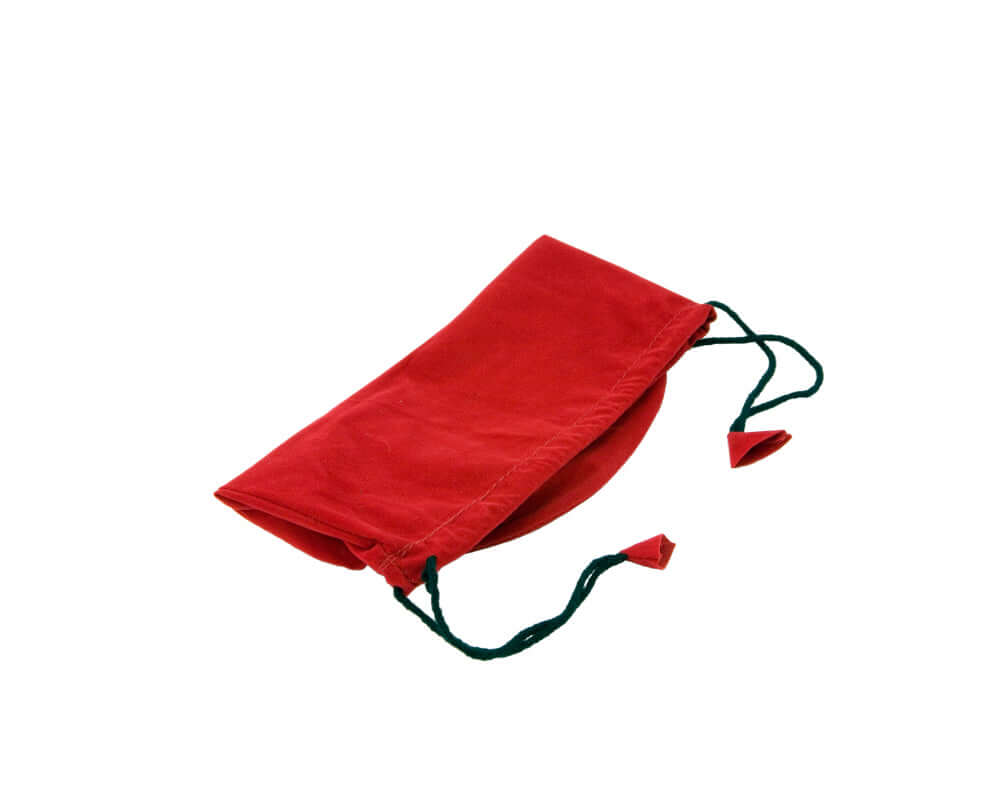 Red drawstring chess piece bag made from plush corded fabric with color coordinated tassels, providing protection and storage for chess pieces