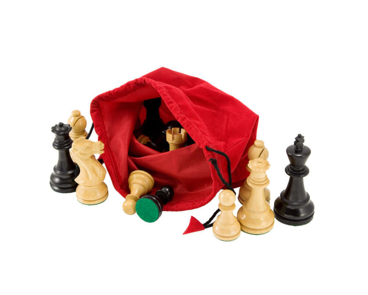 Red drawstring chess piece bag holding wooden chess pieces up to 4 inches in height, with color-coordinated tassels for added elegance