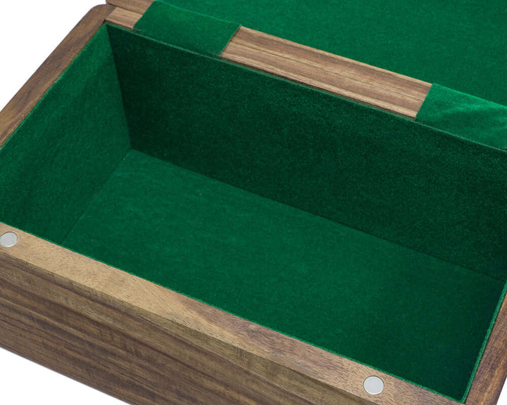 Open polished Sheesham chess case with green flocked compartment and hinged lid, suitable for chess pieces up to 4.5 inches in height.