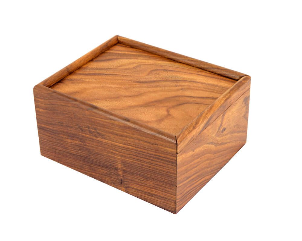 Solid wood chess piece case with sliding lid, luxurious exotic hardwood, deep grain finish, and magnetic closure