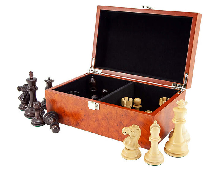 Rootwood Burl Chess Piece Case with Hinged Lid and Black Flocked Compartments, Displayed with Chess Pieces Nearby