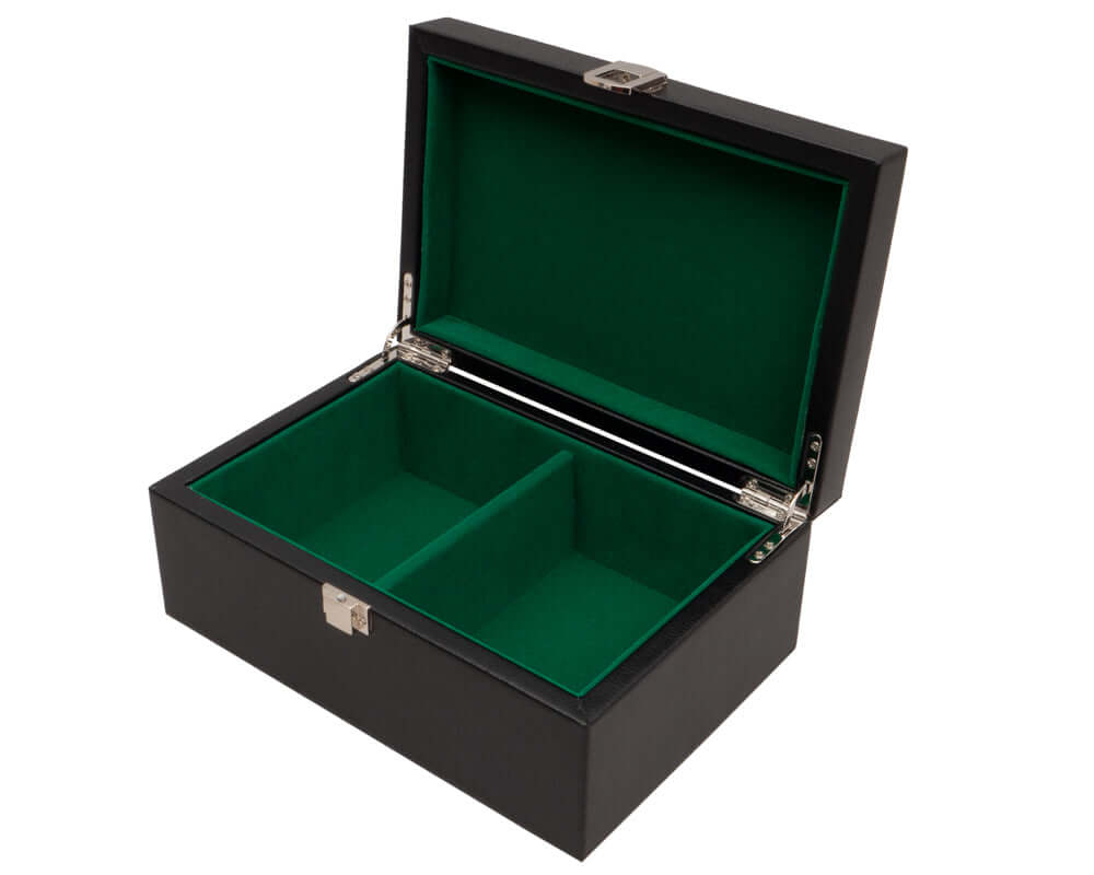 Black leatherette chess piece case with green cushioned interior compartments and chrome furniture, perfect for Staunton set up to 3.5" King height