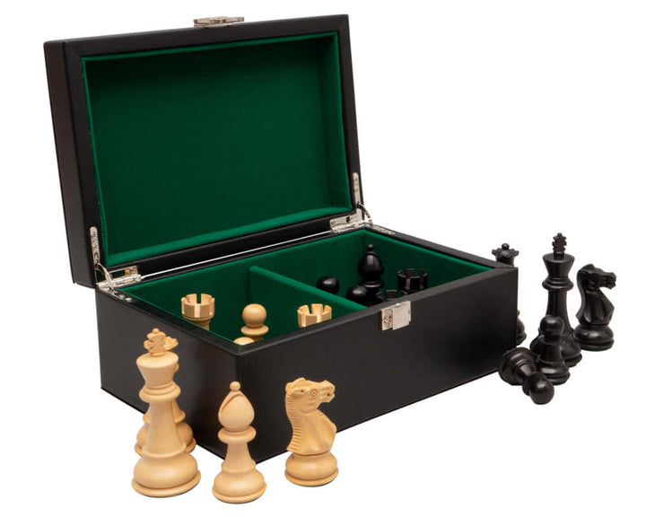 Black leatherette chess piece case with cushioned interior compartments and chrome furniture holding various Staunton style chess pieces.