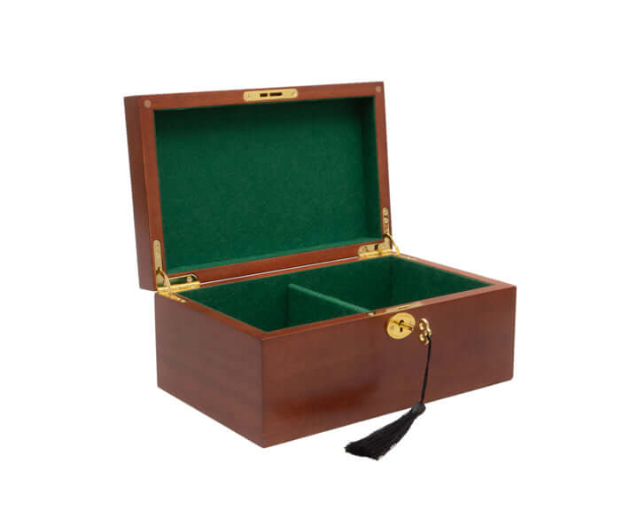 Deluxe Mahogany Chess Box with key, large size, maple/acer wood, open lid, green interior, dimensions 26x20x13 cm