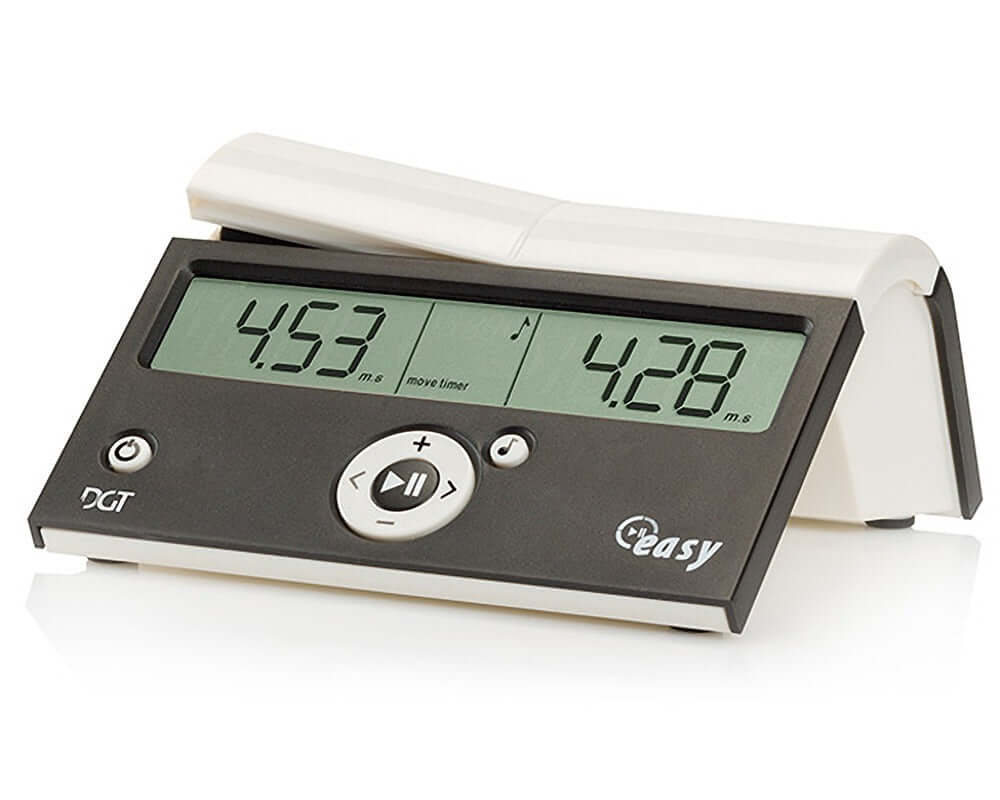 DGT 10168 EASY Chess Clock in black with user-friendly buttons and large display in a color-coordinated presentation box