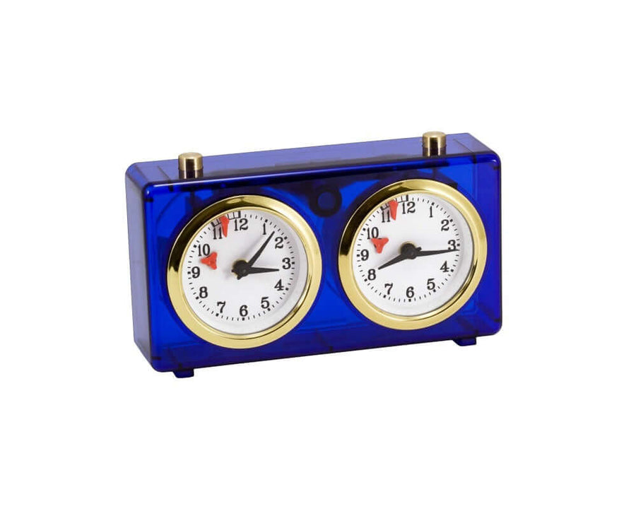 Turnier Chess Clock - Blue, traditional design with quality transparent blue plastic, wind-up mechanism, ideal for beginners or schools, made in Europe.