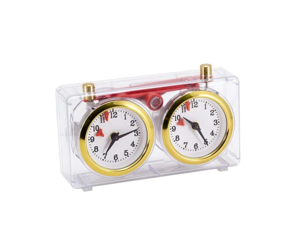 Turnier Chess Clock with clear transparent plastic case and traditional wind-up mechanism, perfect for beginners or schools