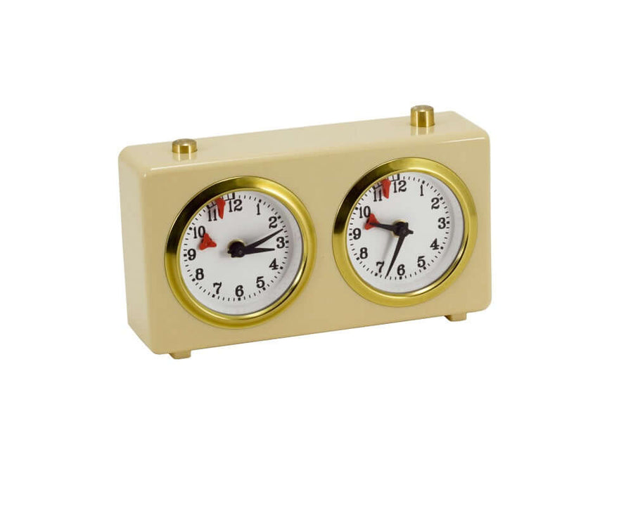 Traditional cream Turnier chess clock with quality mechanisms, perfect for beginners or schools. Wind-up, no batteries required.