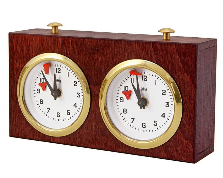 Wooden Turnier Chess Clock with Dual Wind-Up Mechanisms in Dark Wood by BHB. No Batteries Required, Traditional Design.