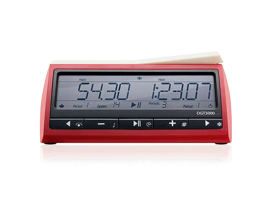 DGT 3000 Game Timer chess clock showing digital display featuring red design and function buttons.