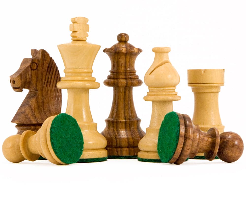 Down Head Knight Sheesham Staunton Chess Pieces 2.5 Inches with felted bases and single-weighted design, ideal for 13-15 inch boards.