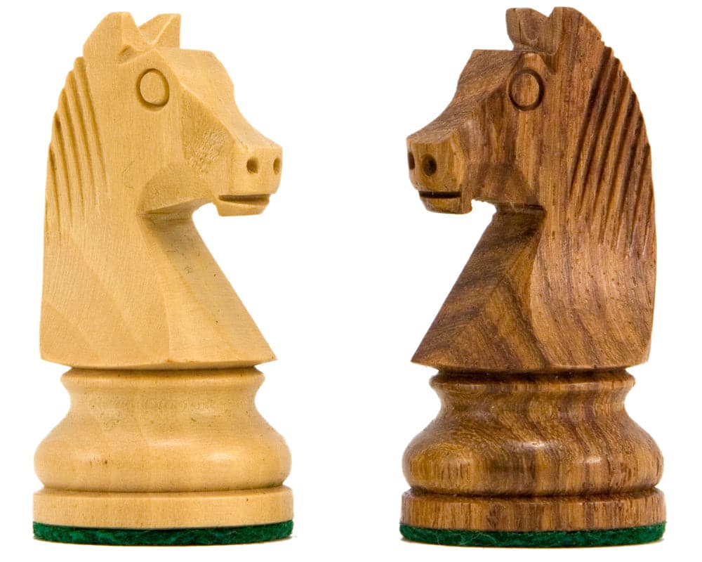 Down Head Knight Staunton Chess Pieces in sheesham and boxwood, weighted and felted, perfect for 13-15 inch chess boards.