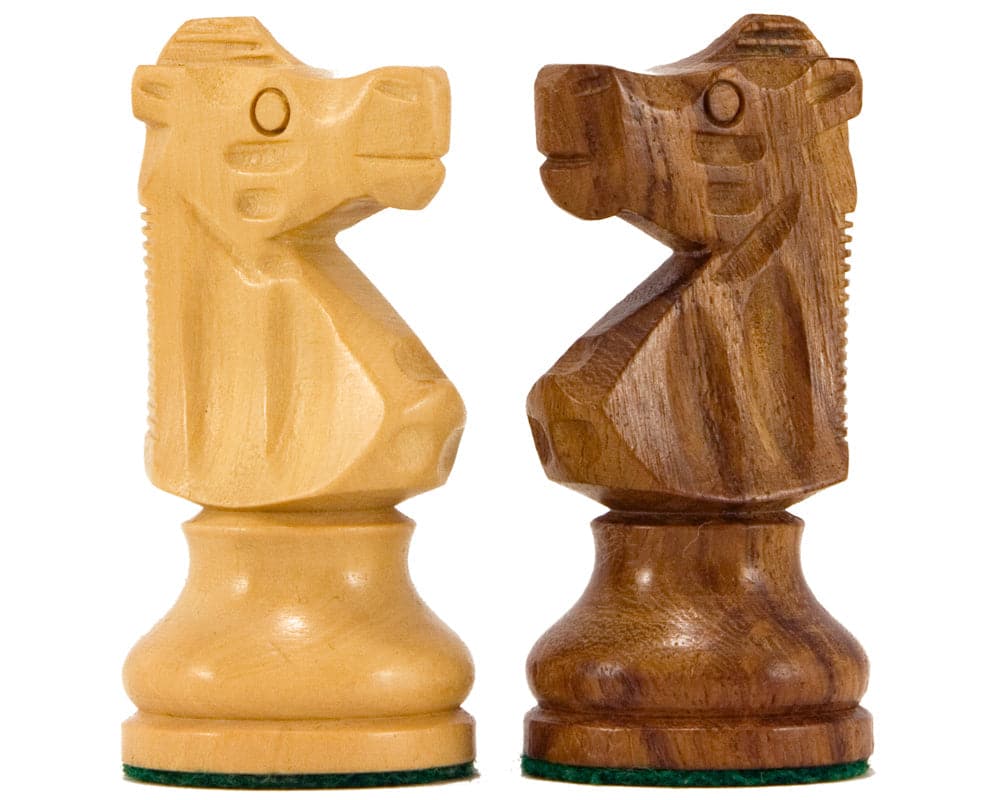 French Knight Series Golden Rosewood Chess Pieces displaying expertly crafted sheesham and boxwood knights from the 3.25-inch set