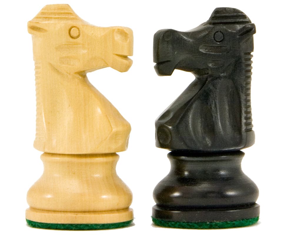 French Knight Series Ebonised Staunton chess pieces, two boxwood knights, one light and one dark, showcasing intricate craftsmanship.