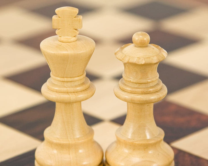 French Knight Series 3.25 Inches Ebonised Staunton Chess Pieces - King and Queen on Chessboard