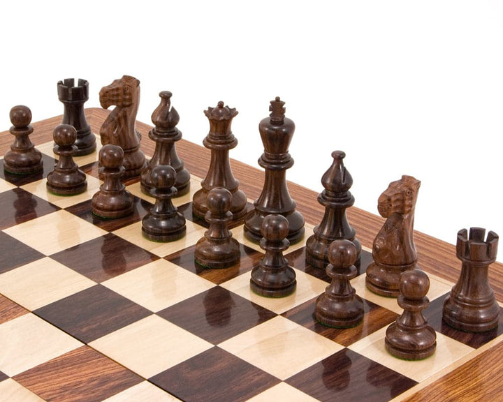 Atlantic Series Rosewood Staunton Chess Pieces 3.75" on a chessboard, crafted from solid rosewood, hand polished, weighted, and felted.