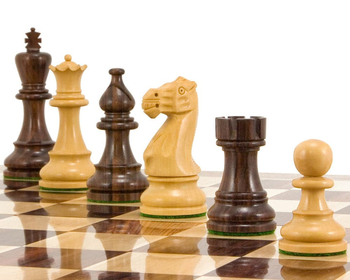 Atlantic Series Rosewood Staunton Chess Pieces 3.75 inches, handcrafted solid rosewood chess set on a chessboard