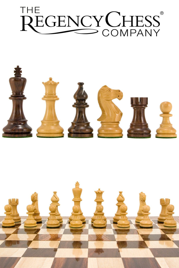 Atlantic Series Rosewood Staunton Chess Pieces 3.75 inches on chessboard by The Regency Chess Company