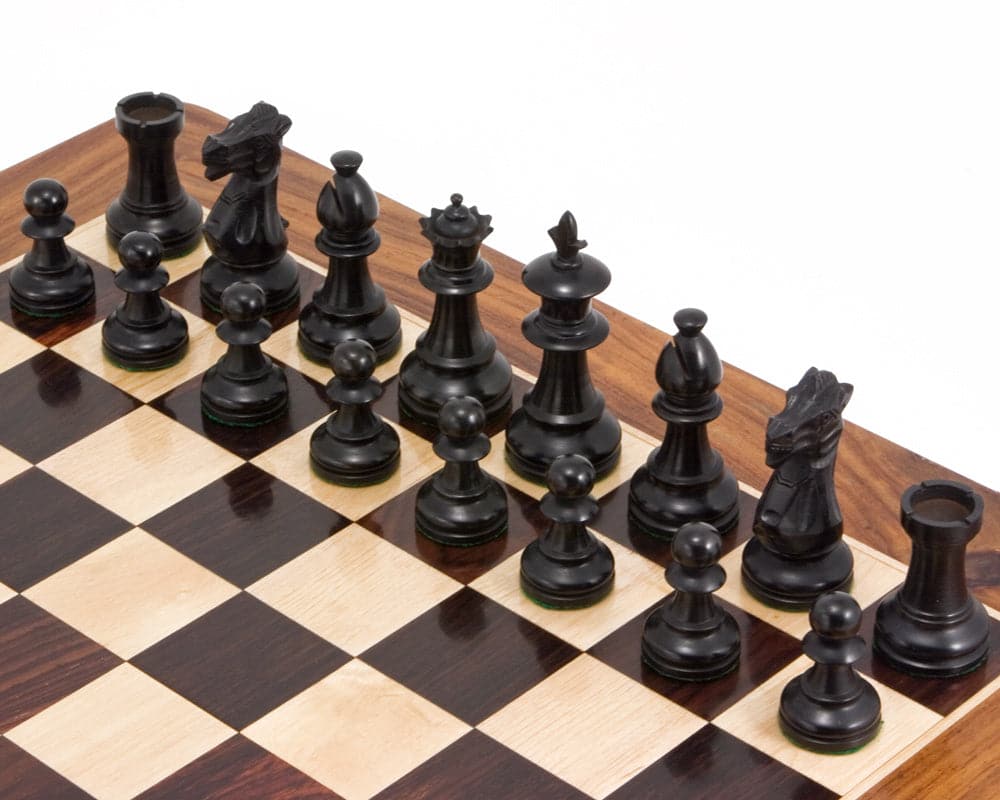 Flower Series Ebonised Staunton Chess Pieces on chessboard, 3.25 inch king, high craftsmanship, perfect for 16 inch board.