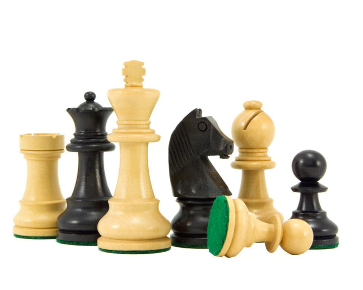 Down Head Knight Ebonised Staunton Chess Pieces in boxwood featuring a 3 inch king, beautifully crafted, weighted and felted for luxury chess play.