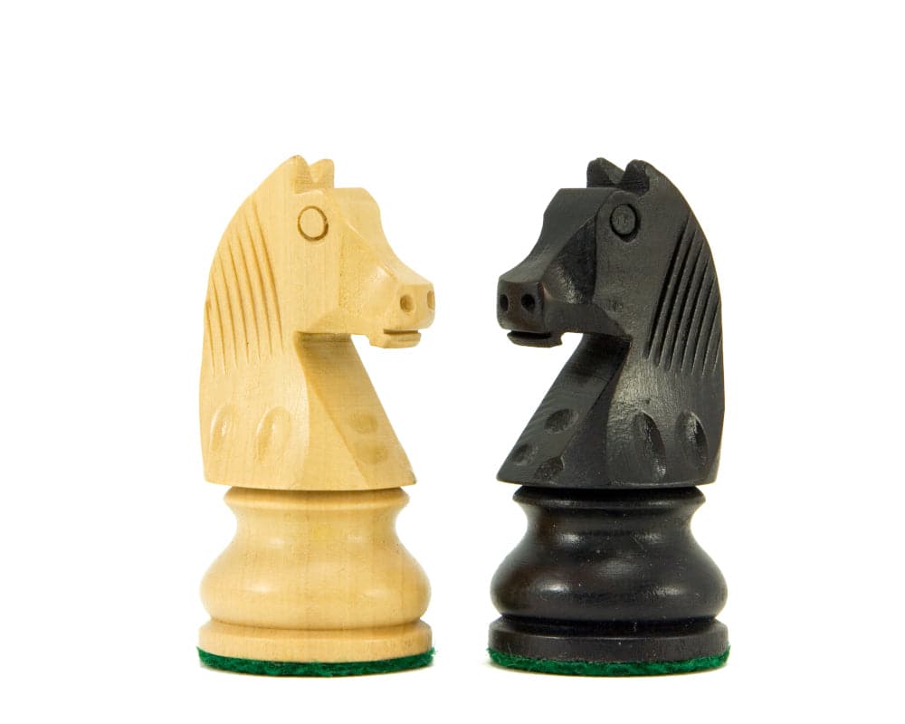 Down Head Knight Ebonised Staunton Chess Pieces made from boxwood, featuring intricately carved black and white knights, weighted and felted.