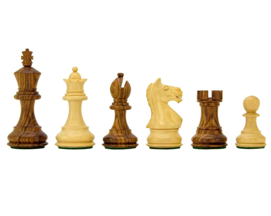 Sheesham and boxwood Staunton chess pieces, including king, queen, bishop, knight, rook, and pawn, from Fierce Knight series.