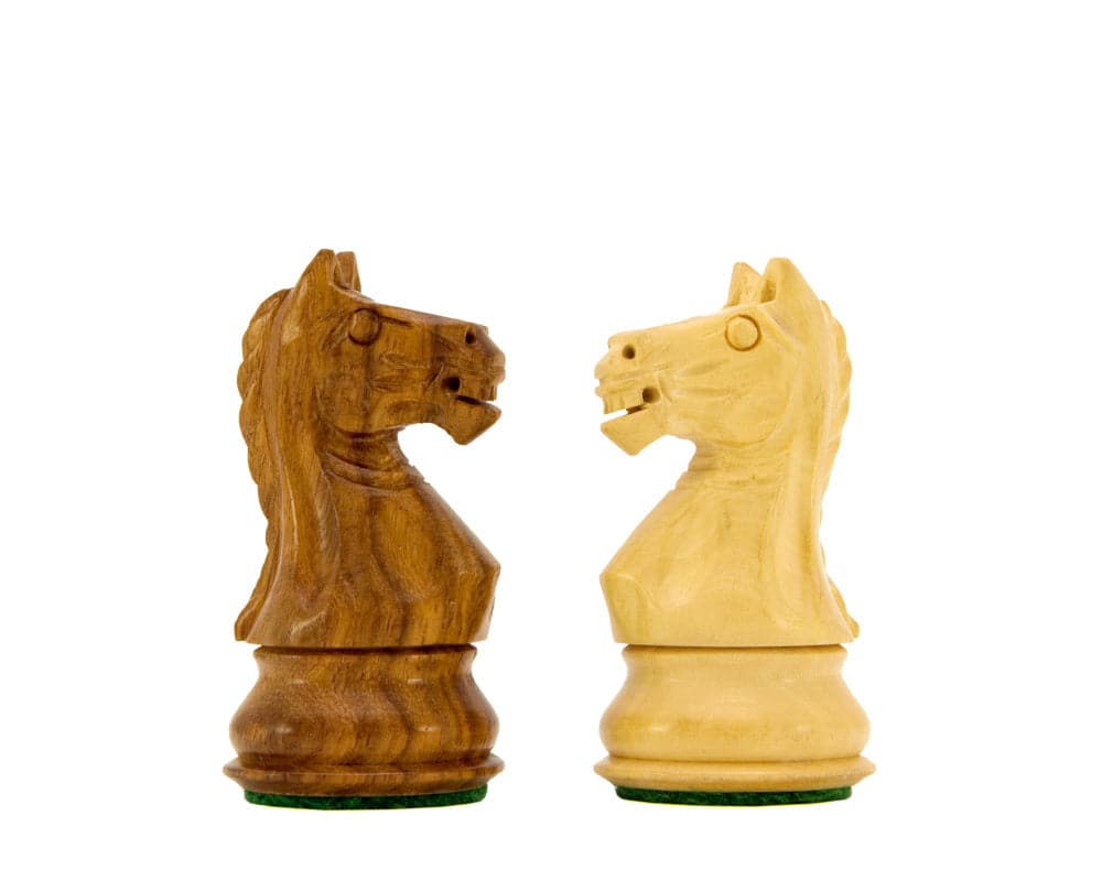 Sheesham and boxwood knight chess pieces from Fierce Knight Staunton Series on a white background