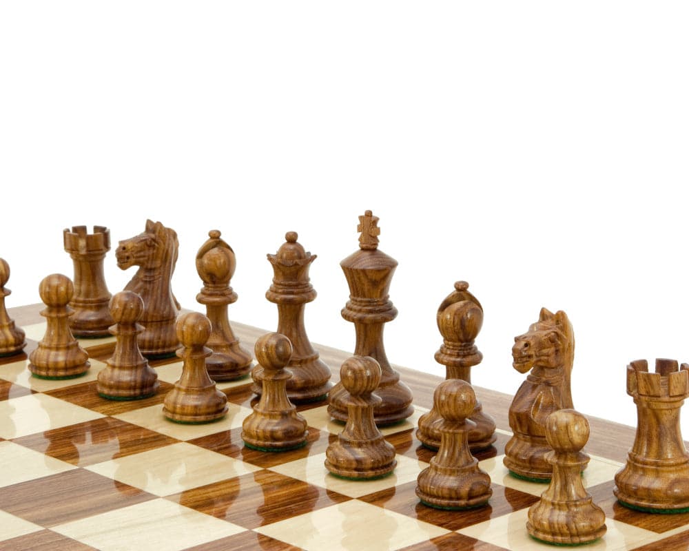 Staunton sheesham chess pieces on board with 3 inch king and weighted bases