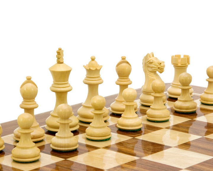 Fierce Knight Sheesham Staunton Chessmen set on a wood chessboard, featuring a classic 3 inch king and felted pieces.