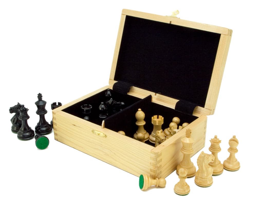 Fierce Knight Ebonised Staunton chessmen set with 3-inch king and black wooden case, handcrafted in boxwood, ideal for 16-inch board.