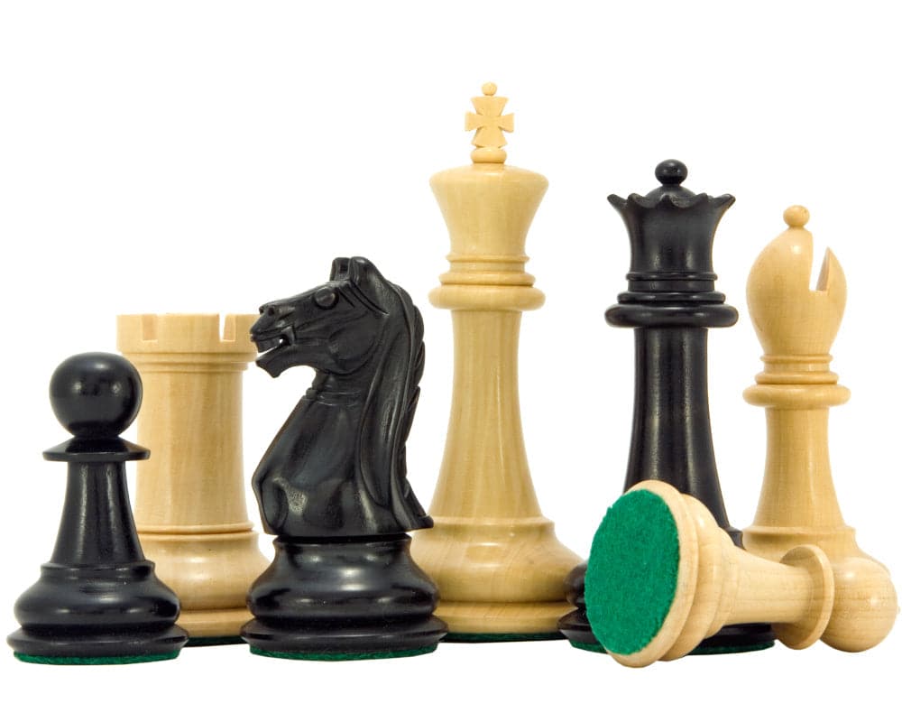 Hand crafted Oxford Series Ebonised Boxwood Chess Pieces, 3.75 inch king, weighted and felted, perfect for a 19 inch board, detailed and polished.