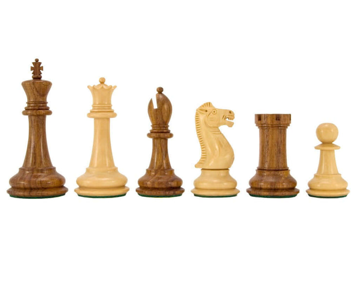 Victoria Series Sheesham and Boxwood Chessmen 3.75 Inches, showcasing hand-turned detailing and polished finish with green flocked bases