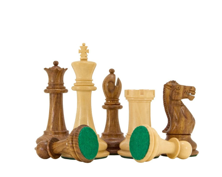 Victoria Series Sheesham and Boxwood Chessmen Set, Hand-Turned, 3.75 Inches, Magnificent Deep Grain, Weighted Pieces with Green Flocked Base