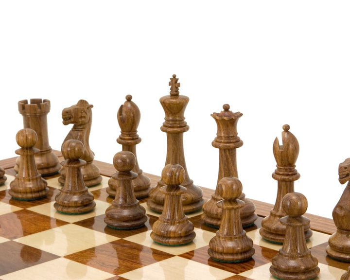 Victoria Series Sheesham and Boxwood Chessmen on a 20 inch Sheesham board displaying detailed craftsmanship and polished finish.