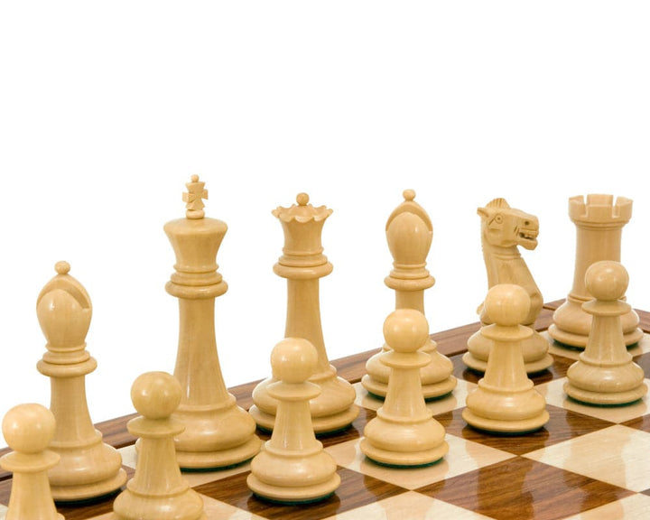 Sheesham and Boxwood chessmen on a sheesham chessboard, featuring detailed hand-turned and naturally polished pieces with green flocked bases.