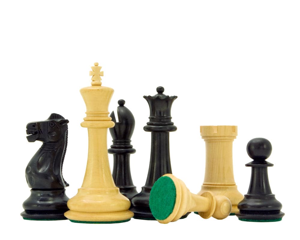 Victoria Series Ebonised Boxwood Chessmen, 3.75-inch king, weighted and felted, ideal on a 20-inch board, exceptional craftsmanship.