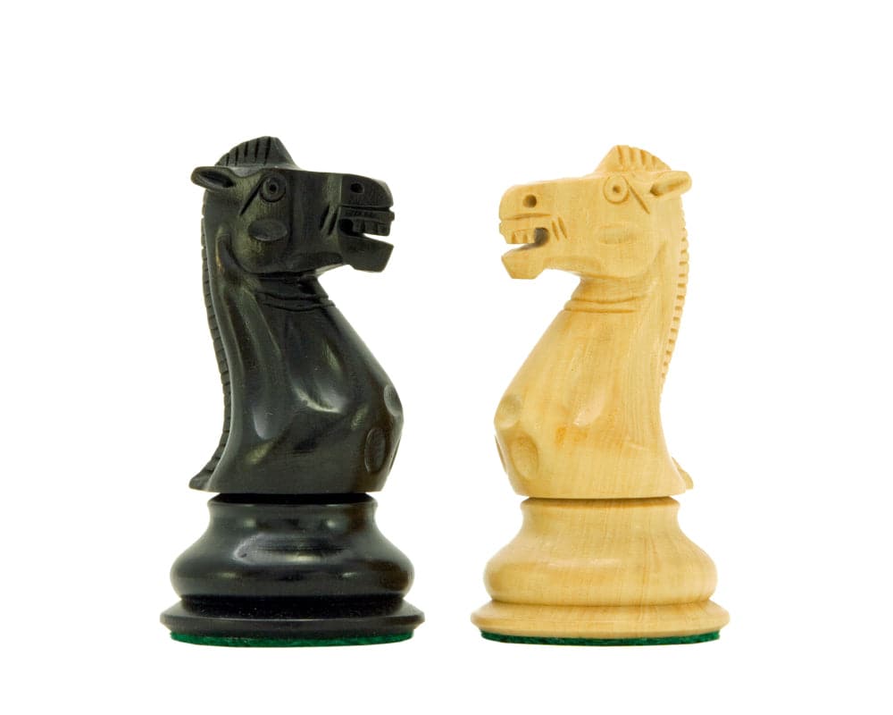 Victoria Series Ebonised Boxwood Chessmen knights in black and natural wood finish, showcasing superior craftsmanship.