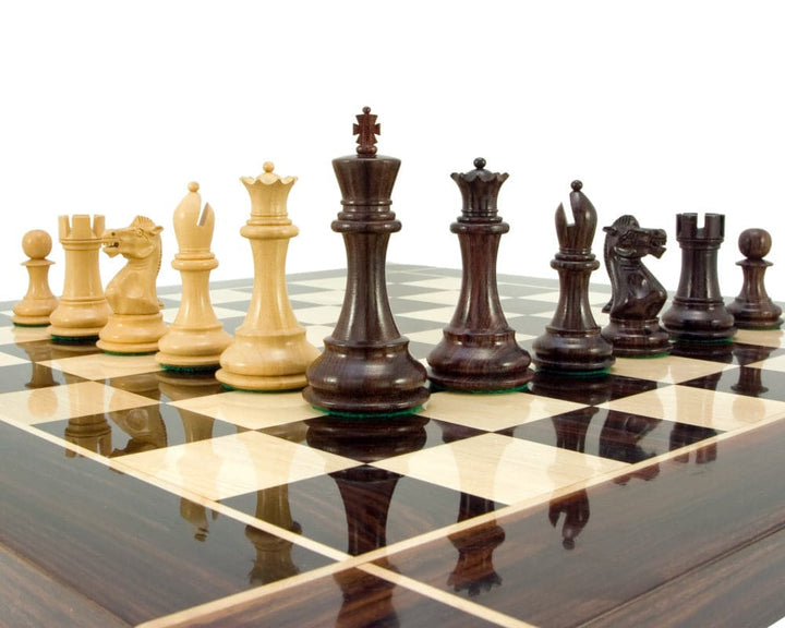 Sicilian Series Rosewood and Boxwood Chess Pieces on a chess board, featuring a 3.75 inch king, ideal for a 20 inch board.